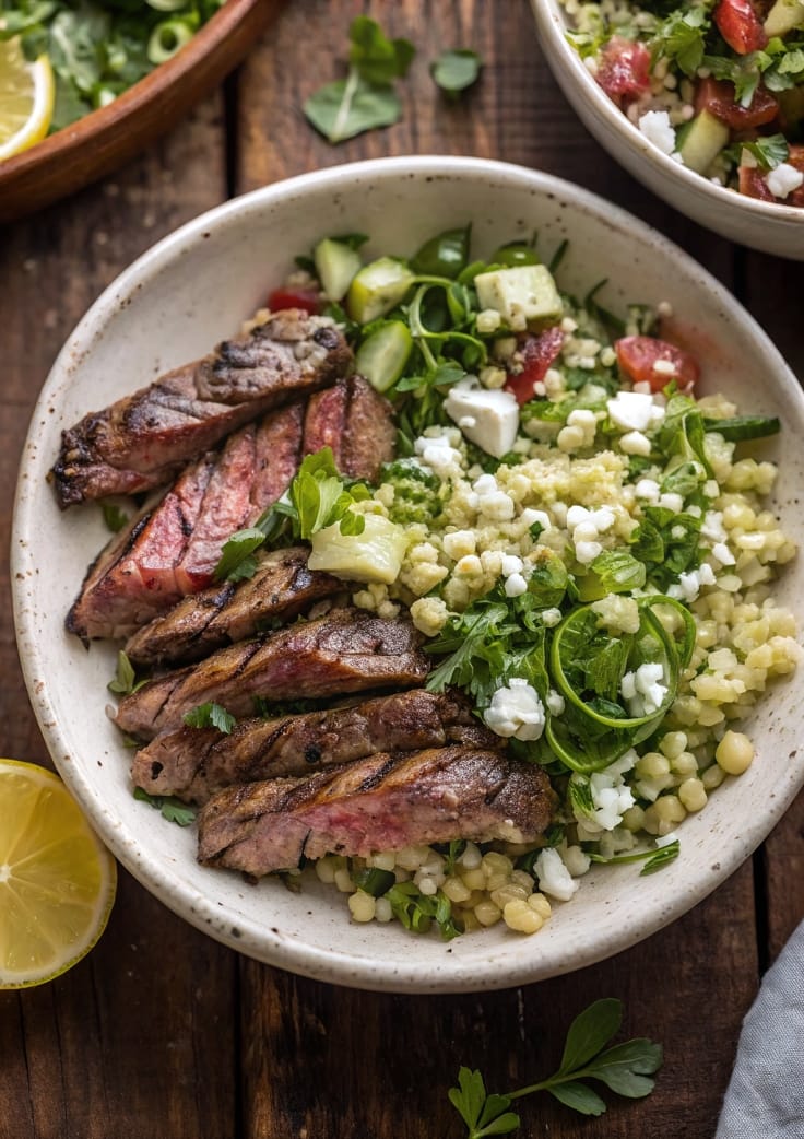Grilled Skirt Steak with Lemon Herb Couscous Salad – Bold, Juicy, and Perfectly Balanced