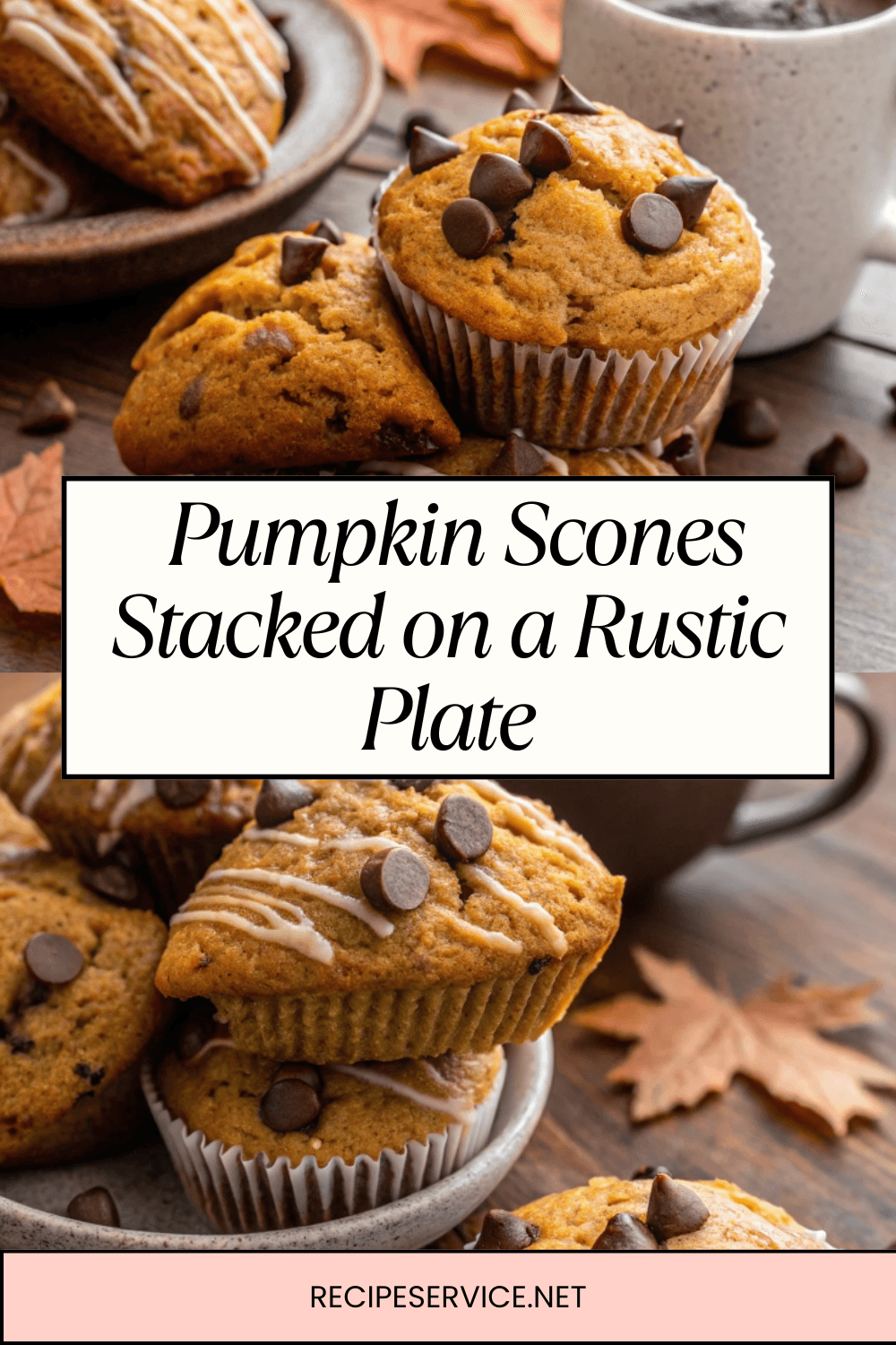 Pumpkin Scones Stacked on a Rustic Plate, Drizzled with Icing, Next to a Cup of Coffee | Warm, Spiced & Coffeehouse-Worthy