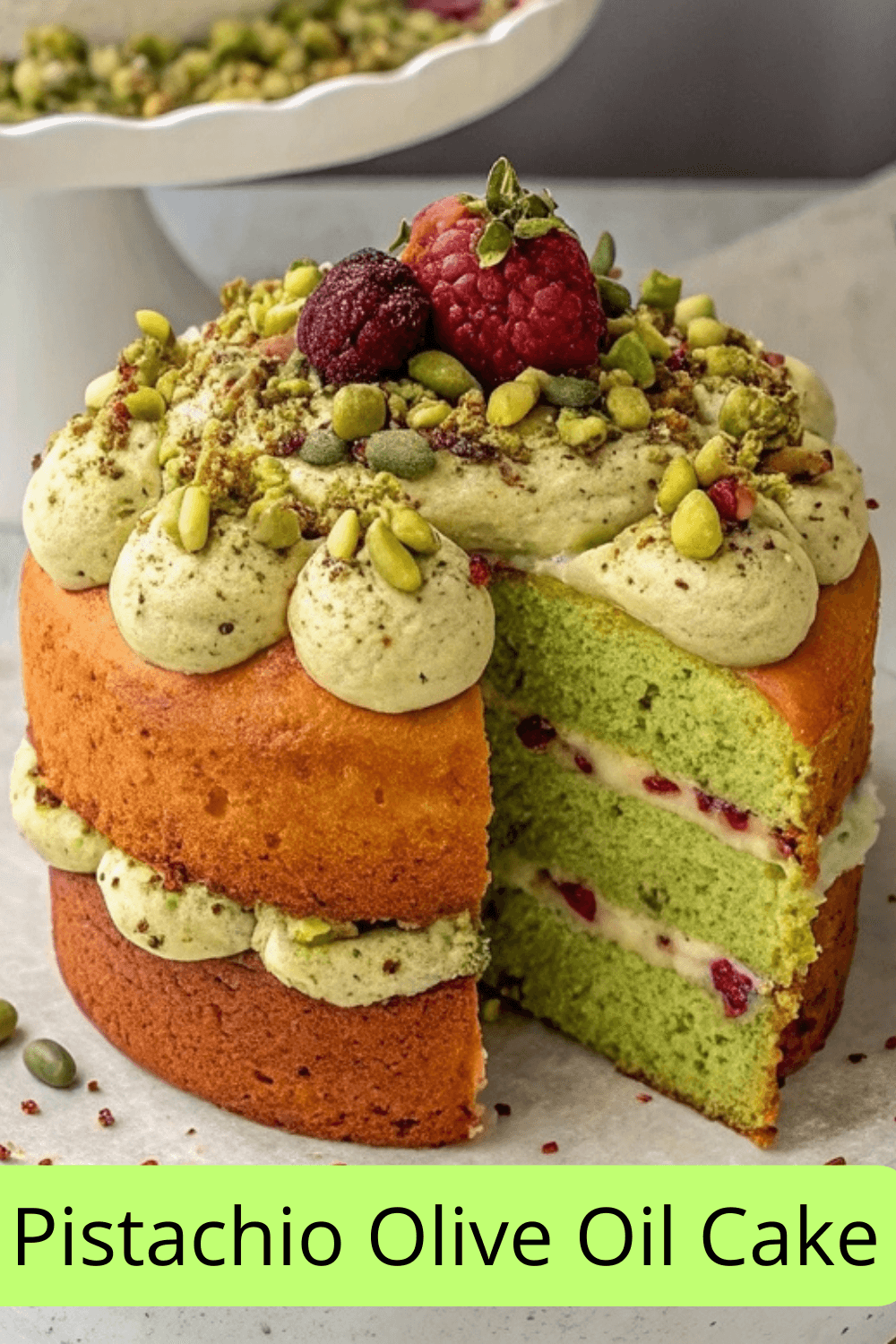 Pistachio Olive Oil Cake with Plum Berry Jam, Pistachio Chantilly & Buttercream – A Lush Layered Showstopper