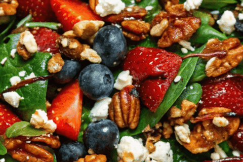 30-Minute Strawberry Spinach Salad with Blueberries, Pecans, Feta & Balsamic Glaze
