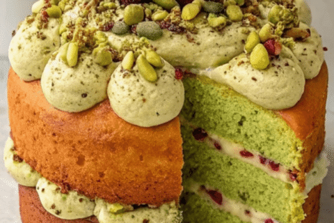 Pistachio Olive Oil Cake with Plum Berry Jam, Pistachio Chantilly & Buttercream – A Lush Layered Showstopper