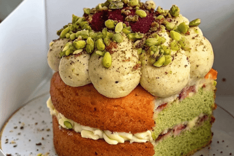 Pistachio Olive Oil Cake with Plum Berry Jam, Pistachio Chantilly & Buttercream – A Lush Layered Showstopper
