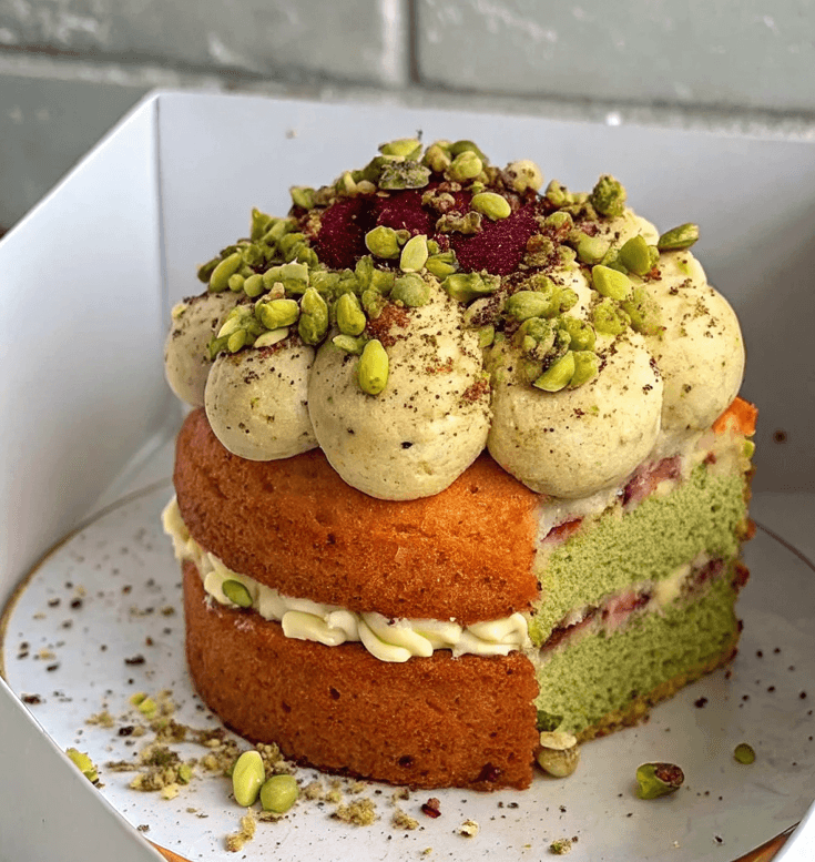 Pistachio Olive Oil Cake with Plum Berry Jam, Pistachio Chantilly & Buttercream – A Lush Layered Showstopper